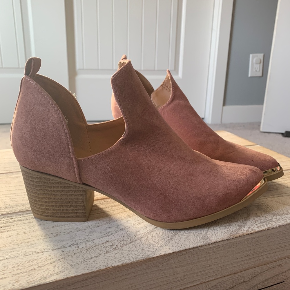 Pink Ankle Boots, Gold Toes, Wedge Heels